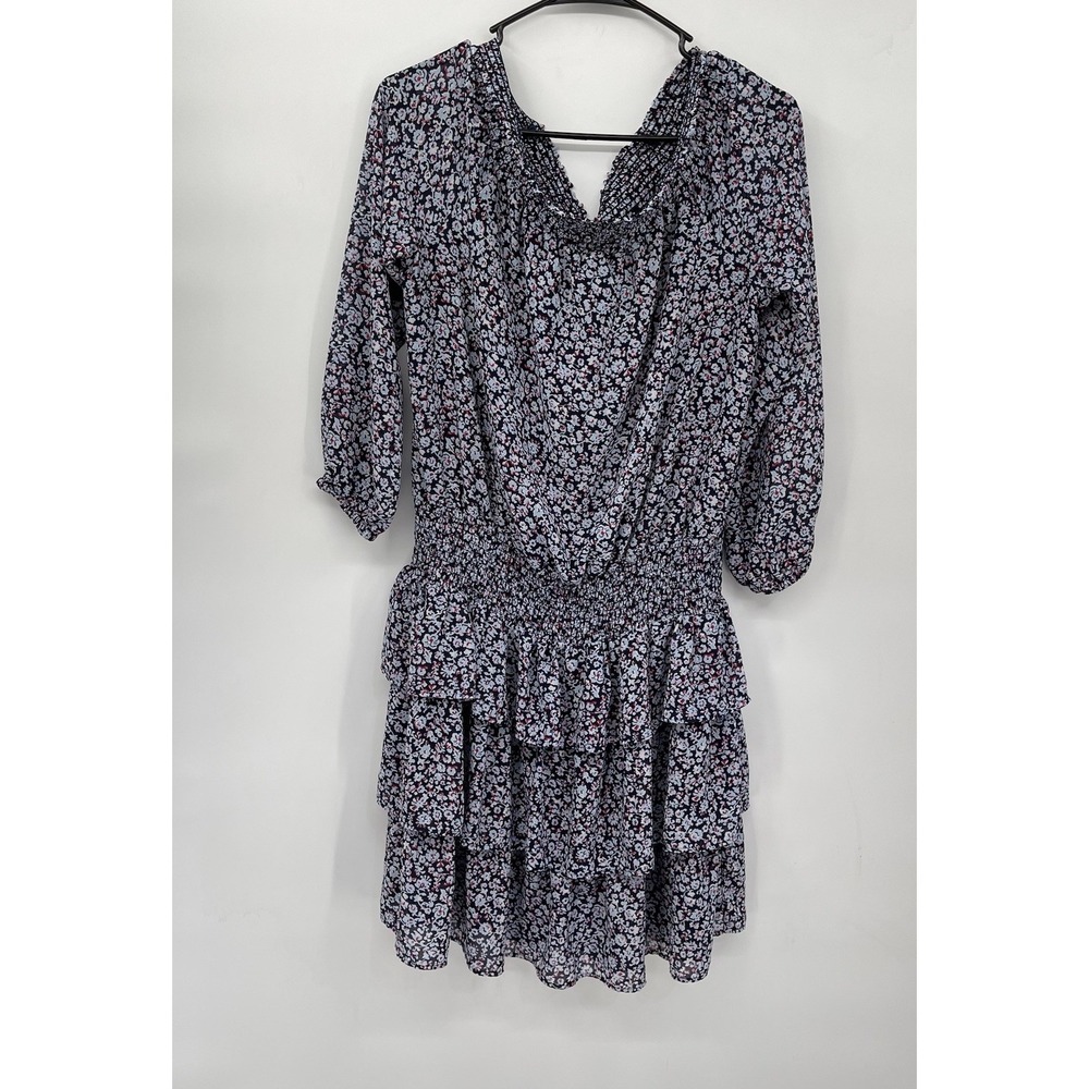Michael Michael Kors‎ L Mini Dress Womens Navy Blue Floral Smocked Tiered Ruffle
